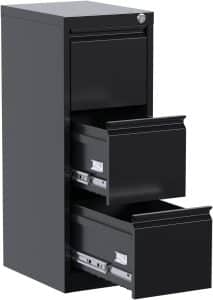 SUPEER Armario Archivador Metálico, 3 Cajonera Oficina, Bloqueable, Incluye 2 Llaves, Dispositivo de Inserción, Muebles Oficina - 103x38x45cm(Negro)