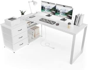 TRIUMPHKEY 140x105cm Escritorio Esquinero Reversible,Mesa de Ordenador con 3 Cajón,Estante de Almacenamiento,Escritorio en L con 2 Puerto de Carga USB y 2 Enchufes para Oficina en Casa Blanco