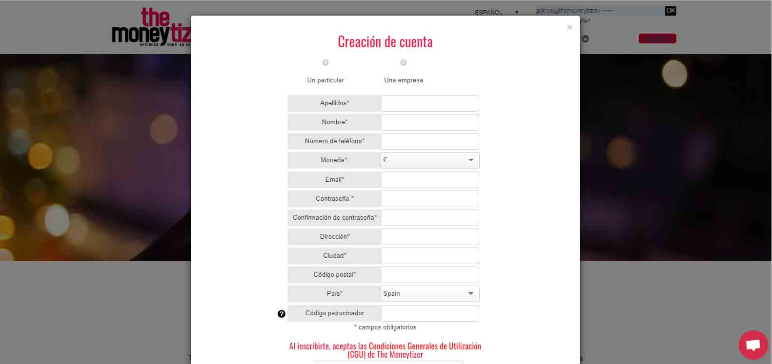 Formulario de inscripción en The Moneytizer